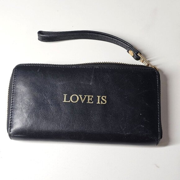Zadig & Voltaire 'Love Is' Black Leather Wristlet Wallet Gold Zipper Logo - Picture 2 of 12